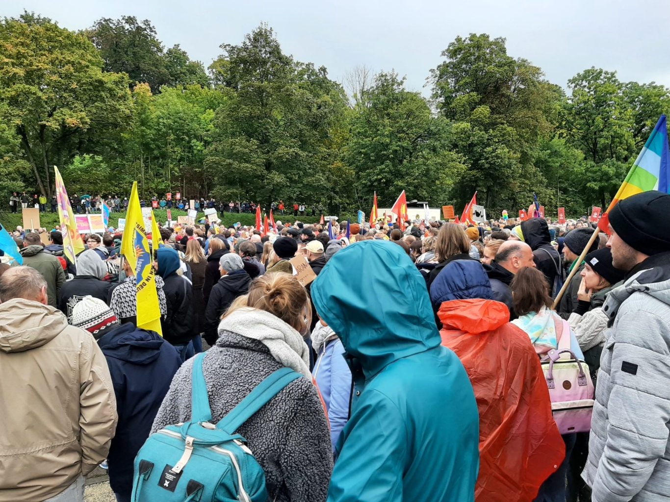 Bild aufgenommen während einer Demonstration für Demokratie und Menschlichkeit in Ulm im Herbst 2024. Viele Menschen im Freien mit Bäumen.
